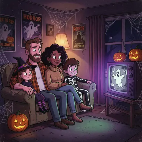 Spooky Halloween Family Watching Vintage TV | Nostalgic Horror Scene