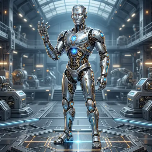 Intricate Humanoid Robot Illustration with LED Lights and Interlocking Gears