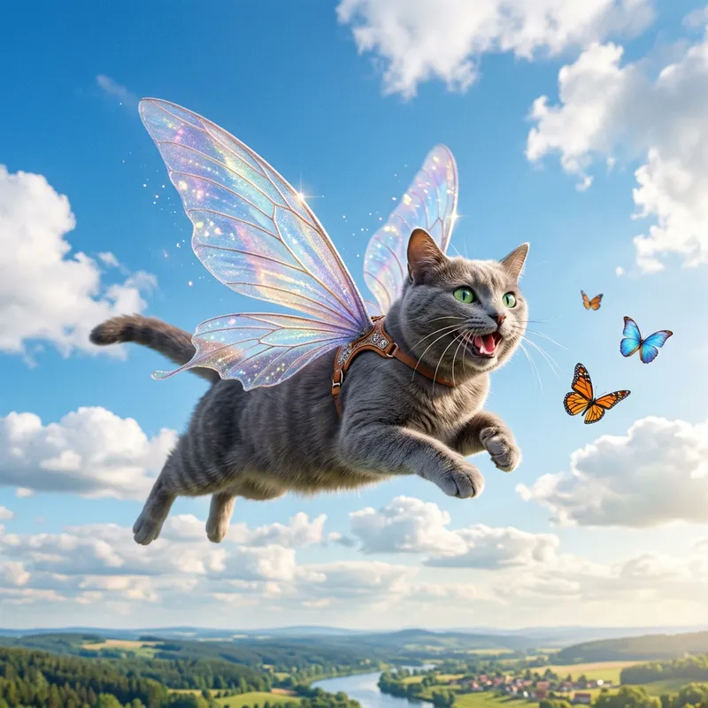 Magical Flying Cat with Fairy Wings in Blue Sky
