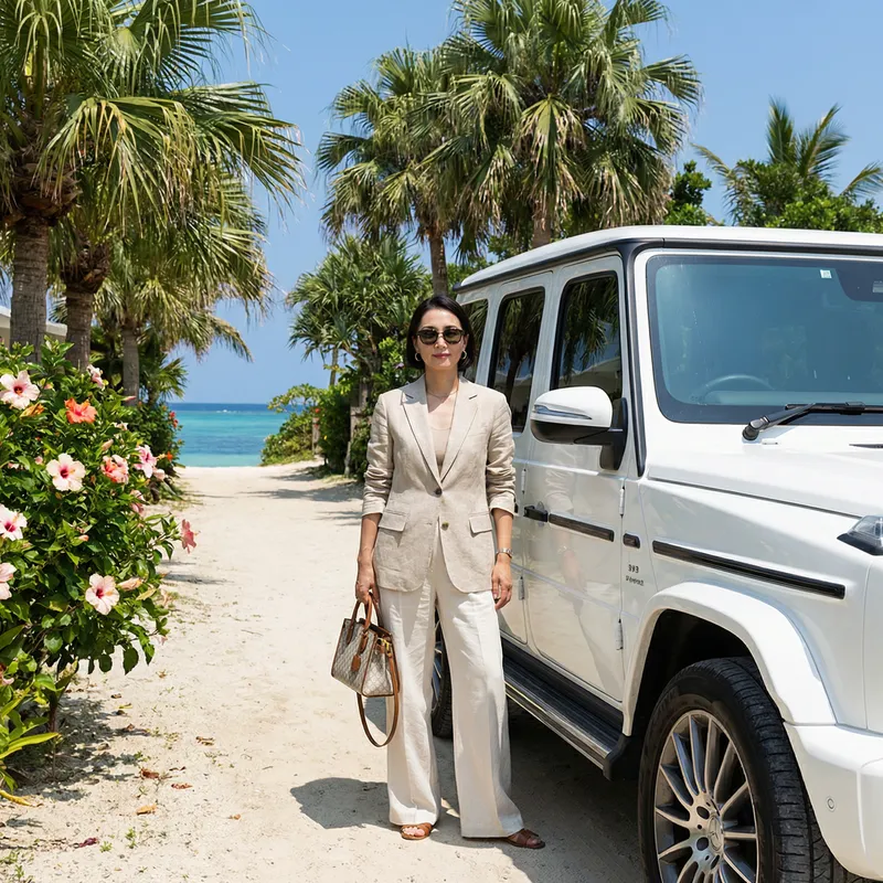 Stylish Oriental Woman with Luxury G Wagon - Tropical Scene