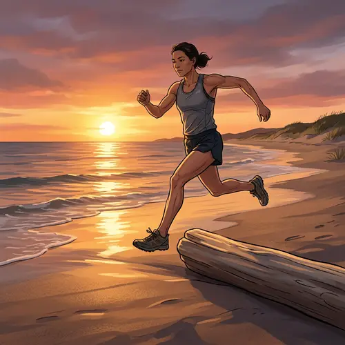 Athletic Figure Running on Serene Beach at Sunset