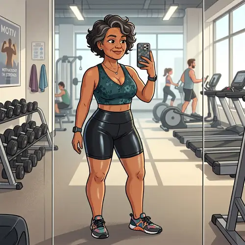 Cartoon of Older Female Taking Gym Selfie