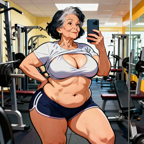 Cartoon of Older Female Taking Gym Selfie