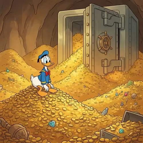 Cartoon Duck Sitting on Gold Coins by Large Safe