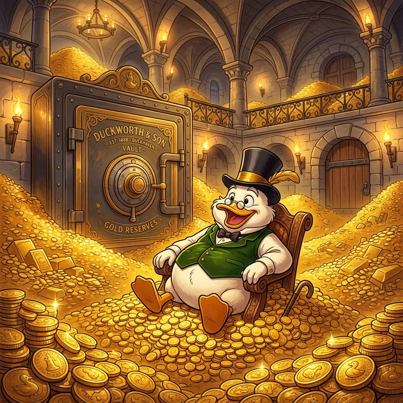 Smiling Donald Duck Surrounded by Coins and Safe in Distance Smiling Donald Duck Surrounded by Coins and Safe in Distance