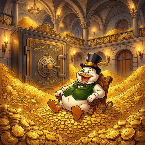 smiling human looking "donald duck" sitting in the middle of huge piles of coins in front of a big safe