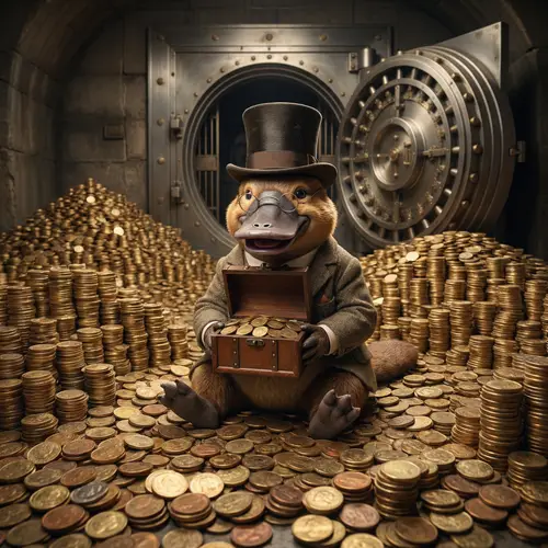 Wealthy Platypus amidst Coins - Jovial Spectacled Character
