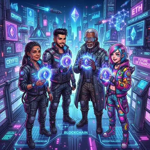 Futuristic Diverse Group Holding Ethereum Coins | Blockchain Tech