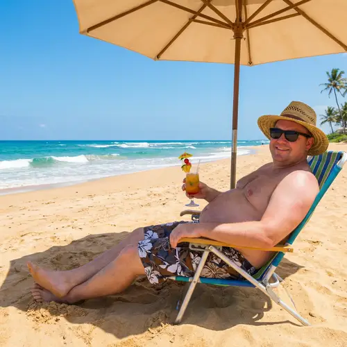 Relaxing Beach Day: Chubby Man with Cocktail on Colorful Beach Chair