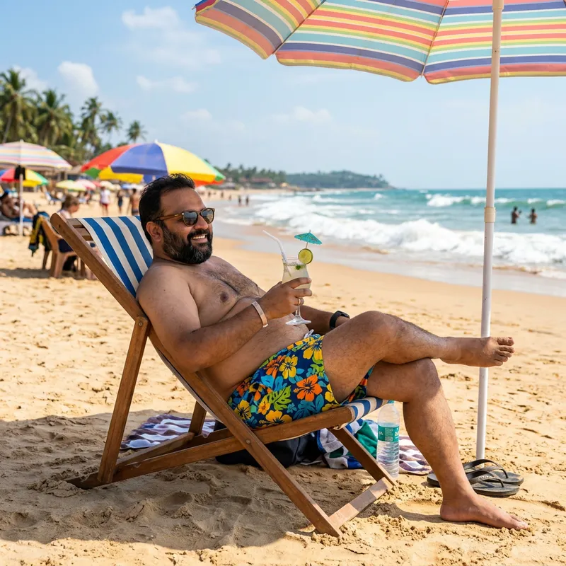 Chubby Man Lounging on Beach Chair with Cocktail