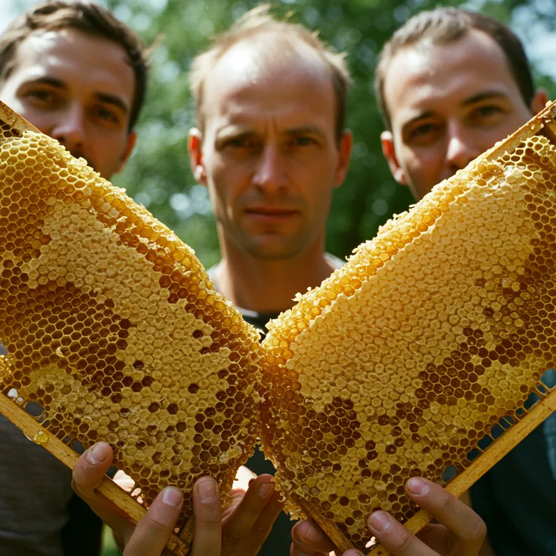 Three Men Holding Honeycomb