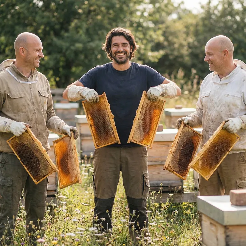Three Men Holding Honeycomb
