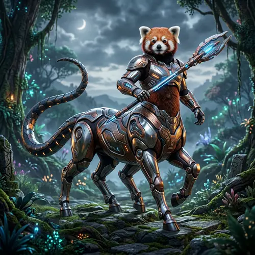 Hybrid Creature: Red Panda Centaur with Six Legs & Tech Armor