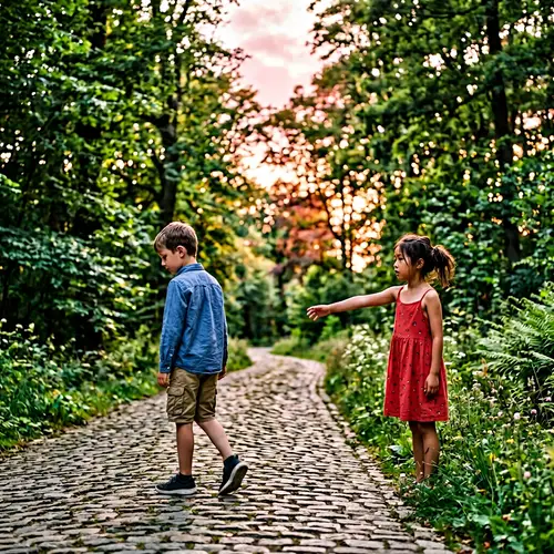Solitary boy on cobblestone path with a concerned girl in red dress
