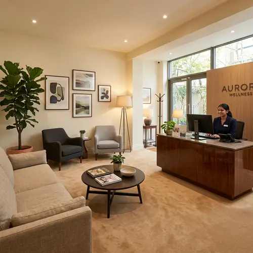 Inviting and Comfortable Reception Area | Stylish Seating & Greenery