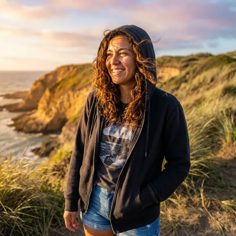 Charming Hispanic Girl with Unzipped Hoodie and Wind-blown Hair