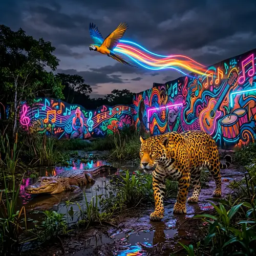 Graffiti Music Fusion in Pantanal: Jaguar, Macaw, Alligator