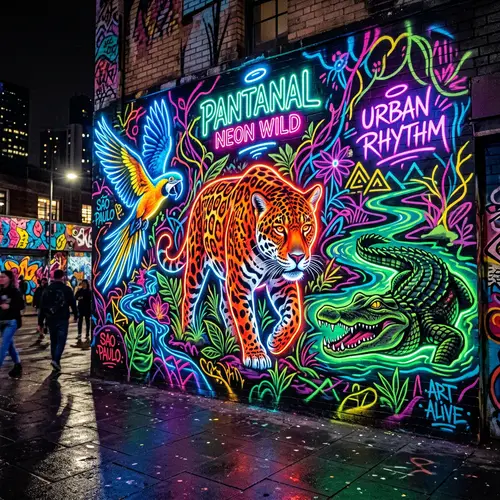 Modern Graffiti Art in Neon Colors: Pantanal Wildlife Scene