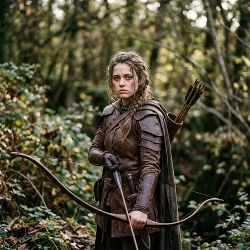 Elara - Young Caucasian Woman in Brown Leather Armor with Bow
