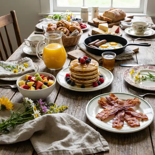 Delightful Morning Breakfast Spread - Pancakes, Fruit Salad, Bacon, Orange Juice