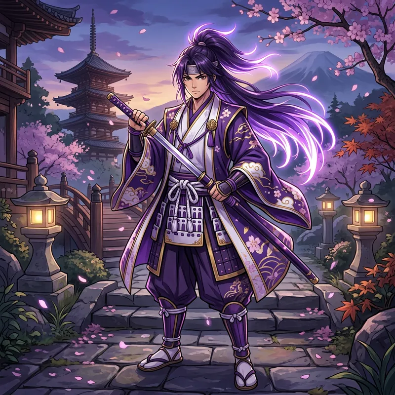 Anime Male Samurai with Long Purple Hair in Bright Edges
