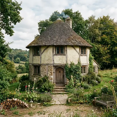 Realistic Round Base Old House Background