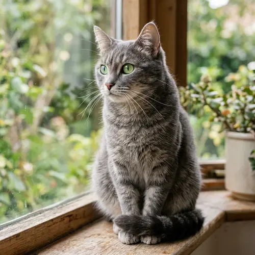 Elegant Perched Cat with Bright Green Eyes | Grey Fur | Long Whiskers