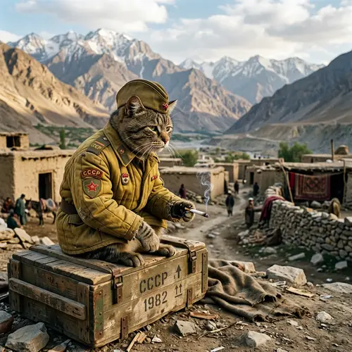 Vintage Soviet-Style Feline Portrait in Afghan Mountain Village