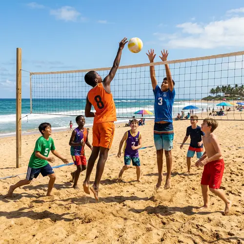Diverse Group of Boys Enjoy Volleyball on Sunny Beach