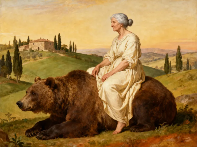 Raphael-Style Oil Painting: Woman on Grizzly Bear