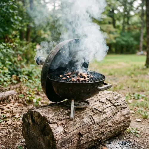 Smoking Grill on a Log of Wood