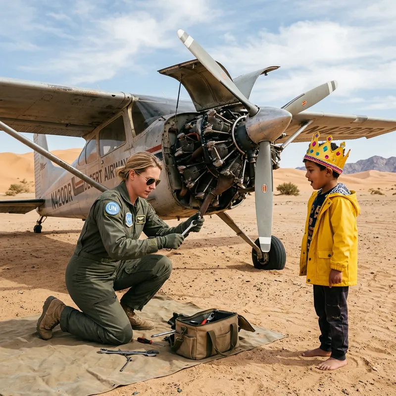Pilot Repairing Airplane in Desert Scene with Boy Watching