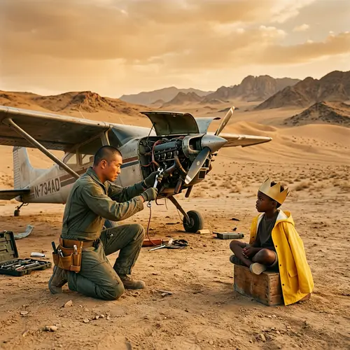 Asian Male Pilot Repairing Airplane in Desert | Young Boy Watching