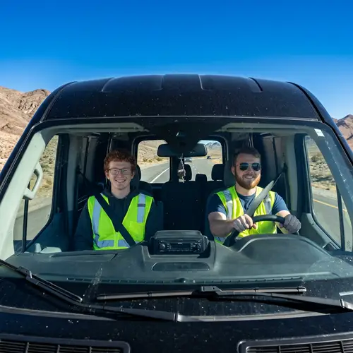 Boys in Black Van | Lime Green Vests | Redhead and Beard