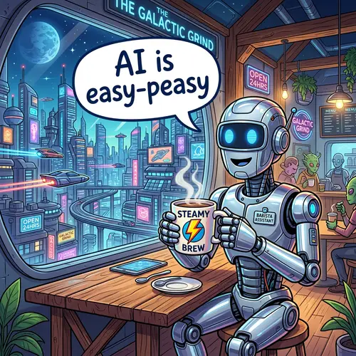 Sci-Fi Cartoon Robot Enjoying Coffee in City Coffee Shop