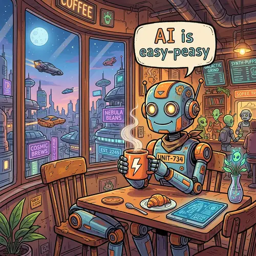 Futuristic Robot in Coffee Shop with 'AI is easy-peasy' Bubble
