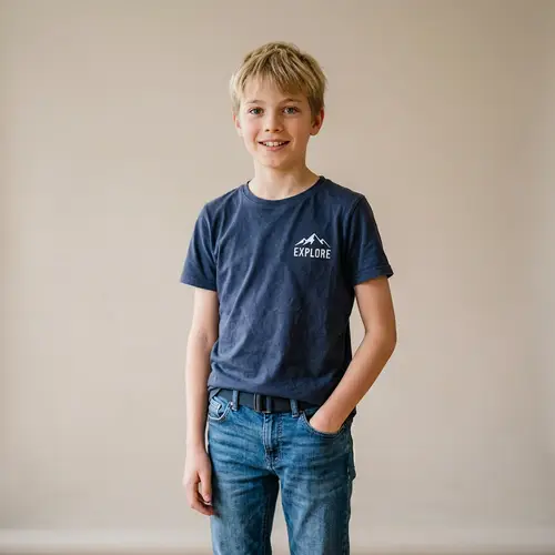 13-Year-Old Caucasian Boy with Short Blond Hair and Grey Eyes
