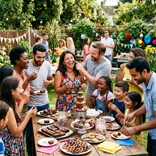 Joyful Backyard Party | Diverse Guests Enjoying Delicious Chocolate Treats
