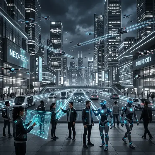Futuristic Technology Scene: AI Robots, Neon Lights & Smart City