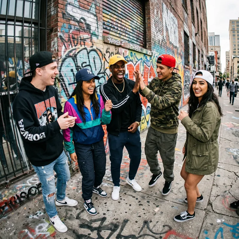 Vibrant Urban Streetwear Scene with Diverse Snapback Hats Vibrant Urban Streetwear Scene with Diverse Snapback Hats