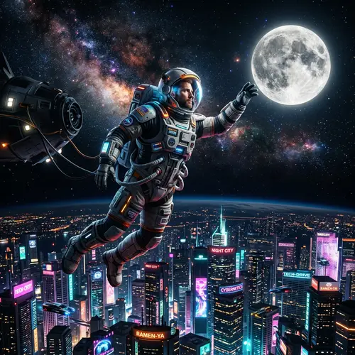 Futuristic Cyberpunk Scene with Astronaut and Glowing Moon