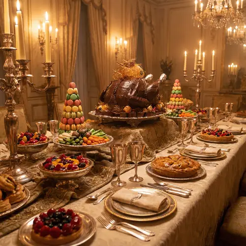 Luxurious Dessert Feast with Chocolate Cake Main Course & Macaron Side Dish