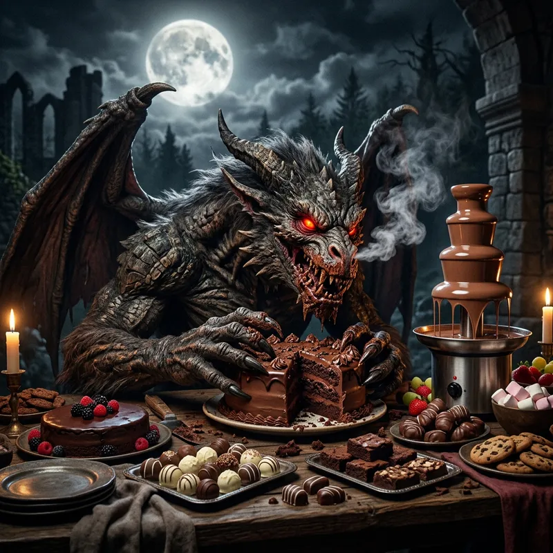 Nightmarish Creature Devouring Chocolaty Feast - Enchanting Scene