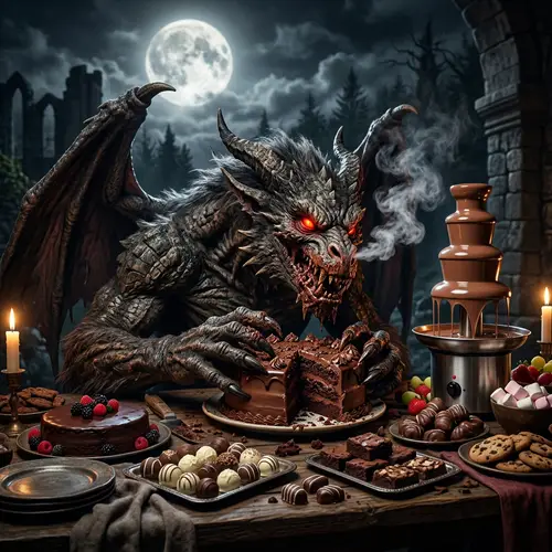 Terrifying Mythical Creature Feasting on Chocolate - Enchanting Night Scene