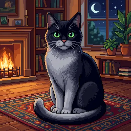 Pixelized Cat Sitting Gracefully | Green-Eyed Feline Image