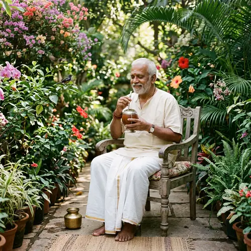 Elderly South Asian Man Enjoying Yerba Mate in Lush Garden