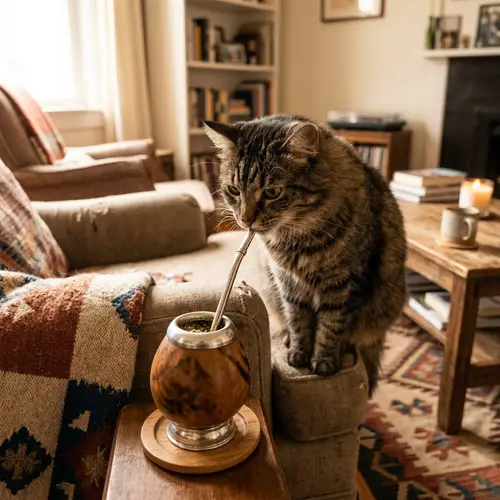 Feline sipping yerba mate in cozy living room setting