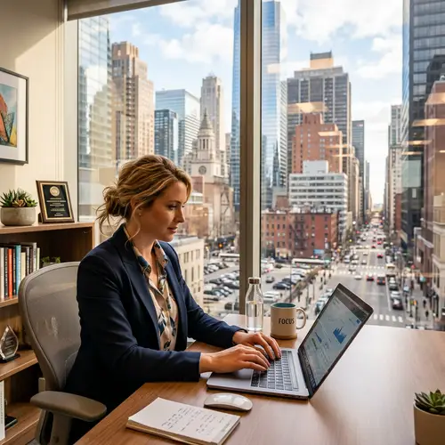 Female Consultant Typing on Laptop in Modern Office Setting