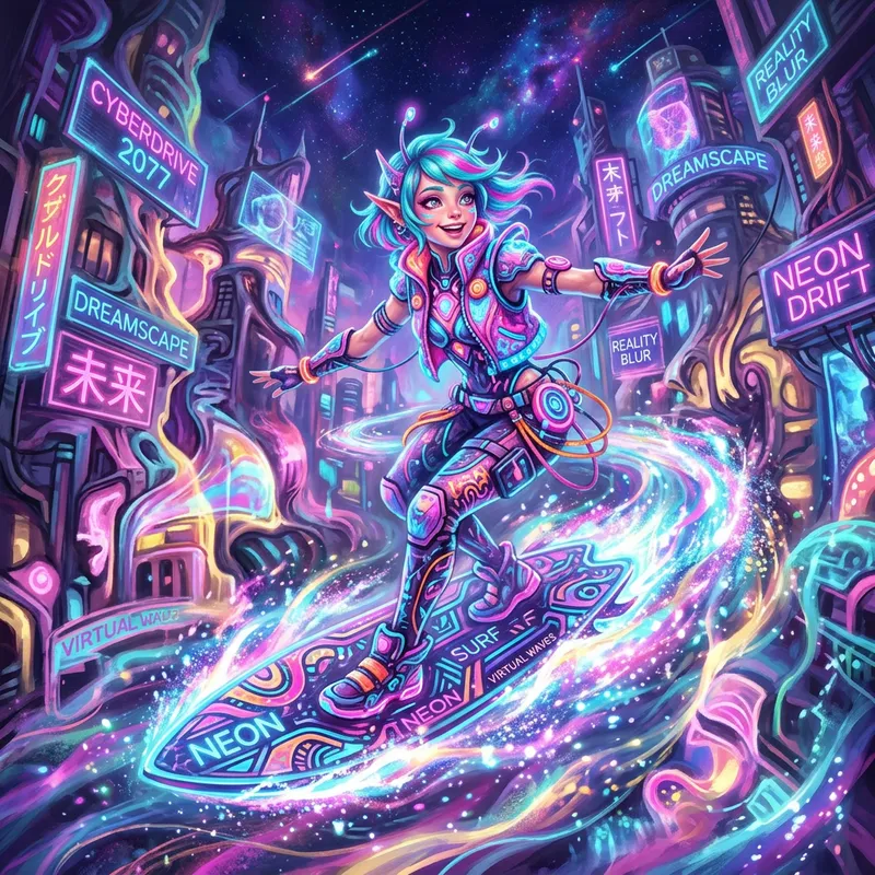 Vibrant Virtual Reality World with Surfing Character