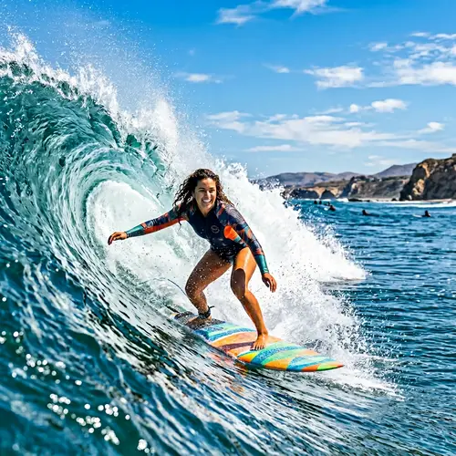 Dynamic Hispanic Surfer Riding Crisp Wave | Vivacious Beach Photography